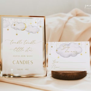 Raad eens hoeveel snoepjes + kaarten, bordje Twinkle Twinkle Little Star, grijs en goud bord met maansterren | DIRECT DOWNLOADEN | GTTLS