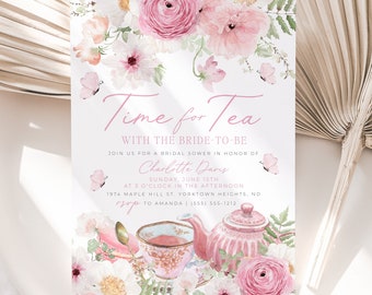 May include: A pink and white floral bridal shower invitation with the text "Time for Tea" and "With the Bride-to-Be". The invitation features a teapot, teacup, and saucer with pink floral accents. The text "Charlotte Davis" is included in the invitation.