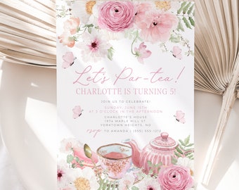 May include: A pink and white tea party invitation with a watercolor floral design. The invitation says "Let's Par-tea! Charlotte is turning 5!" and includes details for the party, including the date, time, and location. RSVP to Amanda at (555) 555-1212.