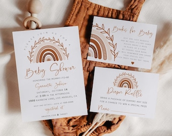Muted Tones Boho Rainbow Baby Shower Invitation Suite, Earth Tones Terracotta Baby Shower Boho Invitation Bundle | Printable Template | BR03