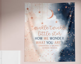 Gender Reveal Achtergrond, Twinkle Twinkle Little Star Achtergrond, DIGITAAL BESTAND, Jongen of Meisje Achtergrond, Navy en Blush Pink, Moon Stars Thema