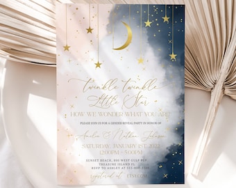 Gender Reveal Einladung, Twinkle Twinkle Little Star Gender Reveal Einladung, Gold Mond Sterne Thema, Navy Blau Pink| SOFORTIGER DOWNLOAD