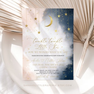 Gender Reveal Invitation, Twinkle Twinkle Little Star Gender Reveal Invitation, Gold  Moon Stars  Theme, Navy Blue Pink| INSTANT DOWNLOAD