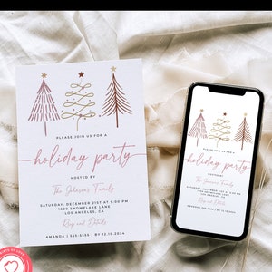 Blush Pink Holiday Party Invitation | Minimalist Holiday Party Invitation | Christmas Trees Holiday Party Invitation | SLPW1