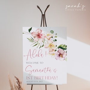 Aloha birthday welcome sign, Tropical welcome sign, Tropical flowers birthday decor, Printable editable template