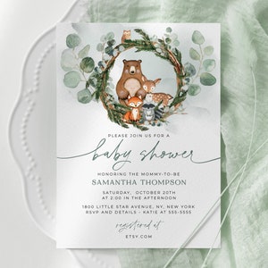 Invitation de baby shower des bois, invitation de baby shower d&#39;animaux de la forêt, téléchargement immédiat