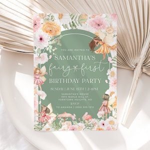 Faire-part d'anniversaire fée, 1er anniversaire de fée bohème, modèle d'invitation modifiable anniversaire fille fée 1er anniversaire
