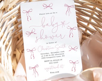 Invitación para baby shower con lazo rosa: Niña coqueta (Descarga digital)