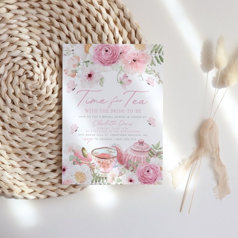 Time for Tea Bridal Shower Invitation template with pink floral teapot, teacup and golden spoons. It includes roses, pink flowers, daisies and greenery,