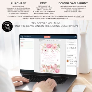 Time for Tea Bridal Shower Invitation template with pink floral teapot, teacup and golden spoons. It includes roses, pink flowers, daisies and greenery,