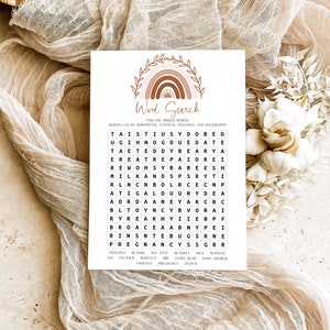 Búsqueda de palabras de baby shower, juego de búsqueda de palabras Boho Rainbow, juego de baby shower, juego de tonos apagados de terracota / DESCARGA INSTANTE BR03