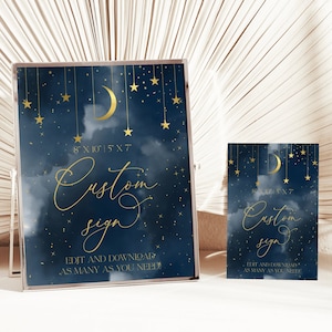 Canto personalizado azul marino y dorado, tema de luna y estrellas doradas, totalmente editable / DESCARGA INSTANTÁNEA