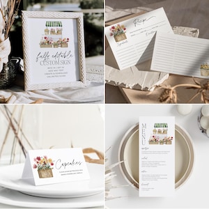 May include: A set of printable digital files for a floral themed party. The files include a sign that says "fully editable custom sign", a recipe card, a menu, and a place card that says "Cupcakes".