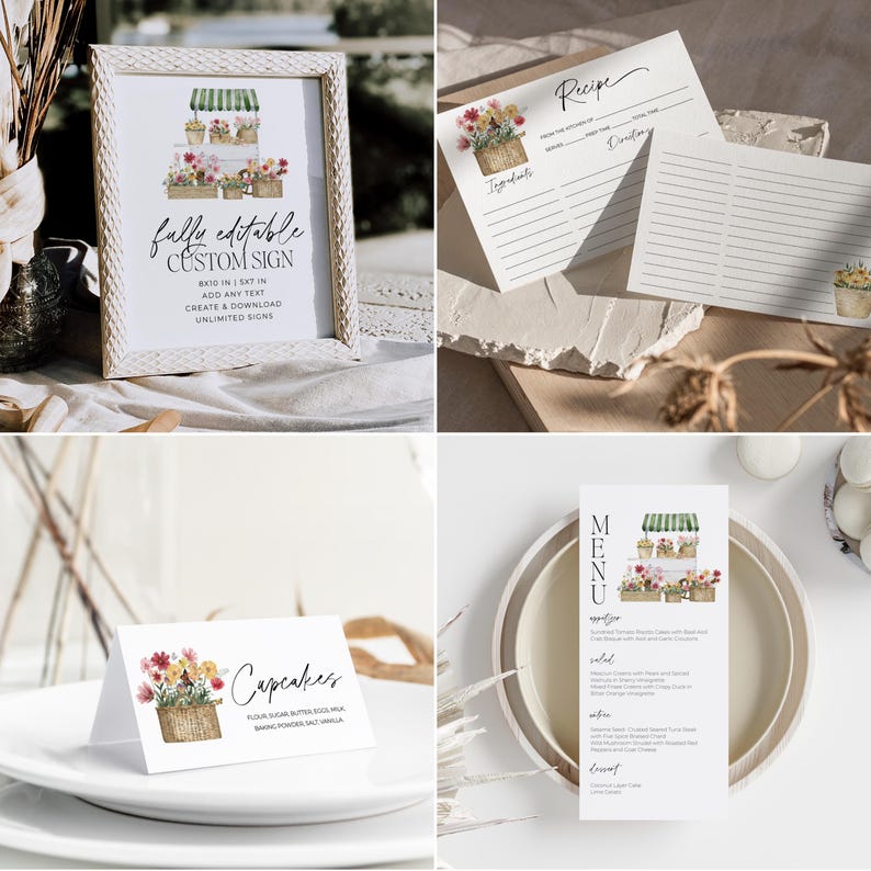 May include: A set of printable digital files for a floral themed party. The files include a sign that says "fully editable custom sign", a recipe card, a menu, and a place card that says "Cupcakes".
