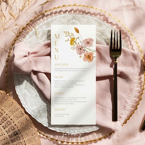 Plantilla de menú de flores silvestres, menú de eventos de flores boho, menú de despedida de soltera de fiesta en el jardín, menú de boda / DESCARGA INSTANTE / W01