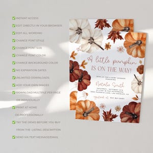 Pumpkin baby shower invitation with orange, copper and white pumpkin and autumn florals and leaves placed on a beige background with editing information.