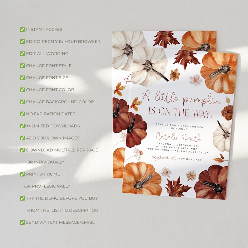 Pumpkin baby shower invitation with orange, copper and white pumpkin and autumn florals and leaves placed on a beige background with editing information.