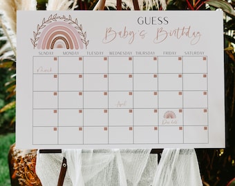 Puede incluir: Un calendario imprimible blanco con un diseño de arcoíris marrón y rosa. El calendario es para adivinar el cumpleaños de un bebé. El calendario incluye los meses de marzo y abril. El texto "Adivina el cumpleaños del bebé" está en la parte superior del calendario.