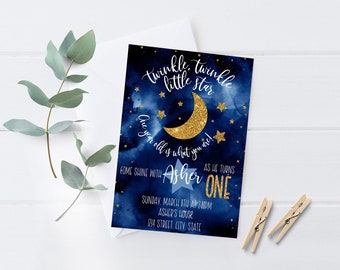 Twinkle Twinkle Little Star First Birthday Invitation, EDITABLE, Watercolor, Template, Digital Download, Printable