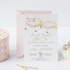 Twinkle Twinkle Little Star First Birthday Invitation , Gold  Moon Stars  1st Birthday Invitation, INSTANT DOWNLOAD | PTTLS