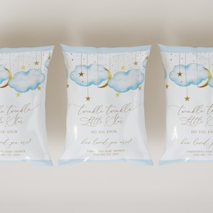 Blue Twinkle Twinkle Little Star Chip Bags, Gold Moon Stars Bewerkbare Chip Bags, Verjaardagsfeest Chip Bags | DIRECTE DOWNLOAD
