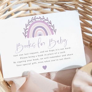 Lila Regenbogen Baby Shower Books für Baby Karte, Boho Regenbogen bearbeitbare Karte, Boho Lila Beilage Karte, Sofort Download BR03