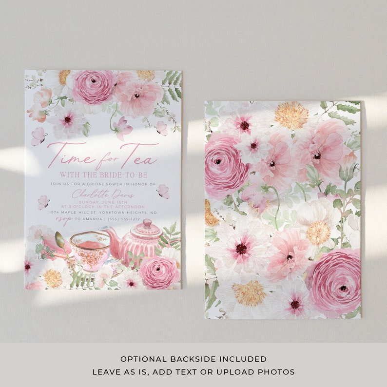 Time for Tea Bridal Shower Invitation template with pink floral teapot, teacup and golden spoons. It includes roses, pink flowers, daisies and greenery,