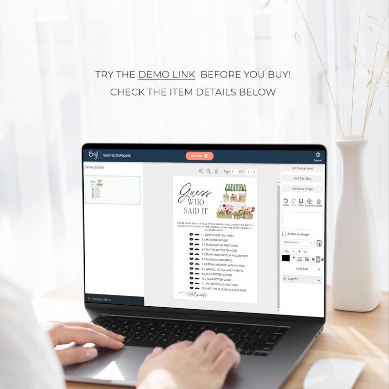 May include: A laptop screen displaying a digital design template for a "Guess Who Said It" game. The template features a floral design and a list of questions for a wedding shower or bridal party game.