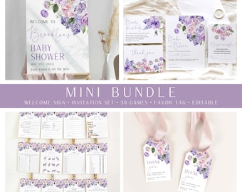 May include: Purple and pink floral baby shower printable bundle with a welcome sign, invitation set, 30 games, and a favor tag. The text on the welcome sign reads "Welcome to Brooklyn's Baby Shower May 31st, 20XX Baby Emma is on the way!"