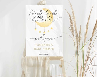 Może przedstawiać: Biały znak powitalny z pozłacanym księżycem i gwiazdami w akwareli. Tekst brzmi "twinkle twinkle little star" i "Witamy na Baby Shower Samanthy, 21 lutego 2021".