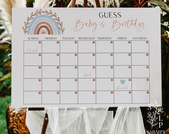 Puede incluir: Un calendario imprimible blanco con un diseño de arcoíris marrón y azul en la parte superior. El calendario es para adivinar el cumpleaños de un bebé. El texto "GUESS Baby's Birthday" está en la parte superior del calendario. El calendario es para los meses de marzo y abril. La fecha de vencimiento está marcada con un corazón azul.