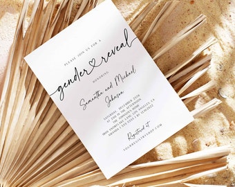 May include: A white gender reveal invitation with black calligraphy text. The invitation reads "Please join us for a gender reveal honoring Samantha and Michael Johnson" and includes the date, time, and location of the event. The invitation also includes the text "Registered at YOURREGISTRYSHOP.COM".