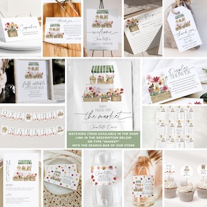 May include: A set of printable bridal shower decorations featuring a watercolor illustration of a flower market stand. The set includes a welcome sign, a recipe card, a thank you tag, a display shower sign, a menu, a banner, and a cupcake topper. The text on the welcome sign reads "Welcome to Charlotte's Bridal Shower".