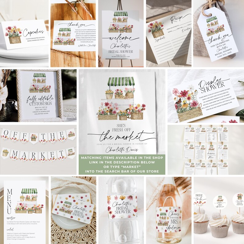 May include: A set of printable bridal shower decorations featuring a watercolor illustration of a flower market stand. The set includes a welcome sign, a recipe card, a thank you tag, a display shower sign, a menu, a banner, and a cupcake topper. The text on the welcome sign reads "Welcome to Charlotte's Bridal Shower".