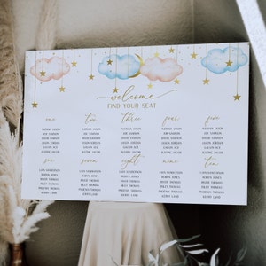 Gender Reveal zitplaatsenschema, Twinkle Twinkle Little Star zitplaatsenschema, blauw en roze bord | GRTTLS
