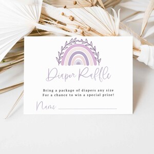 Lila Regenbogen Baby Shower Windel Tombola Ticket, Boho Regenbogen bearbeitbare Karte, Boho lila Einschließungskarte, Sofortiger Download BR03