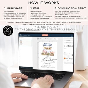 Op de afbeelding: Een laptopscherm waarop een digitale uitnodigingstemplate voor een bruidsdouche te zien is. De uitnodiging heeft een aquarel-illustratie van een bloemenkraam met de tekst "She's Fresh Off the Market" en een bloemmotief. Het scherm toont de website Corjl.com, waar gebruikers digitale templates kunnen personaliseren en downloaden.