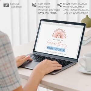 May include: A digital baby shower invitation with a rainbow and floral design. The text reads "Welcome to Samantha's Baby Shower, October 20, 2020 | Baby is on the way!"