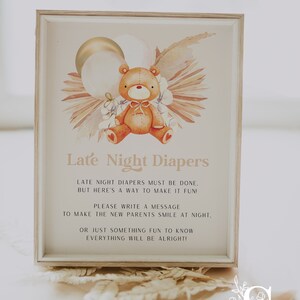Late Night Windeln Zeichen, Teddy Bear Game Zeichen, Teddy Bear Baby Shower Zeichen, Pampas Zeichen. Diy Schild, SOFORTIGER DOWNLOAD, 20 x 25 cm | TBBS
