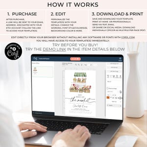 May include: A laptop computer displaying a digital template for a birthday invitation. The invitation features a watercolor illustration of a flower market stand with the text "She's Fresh Off The Market".
