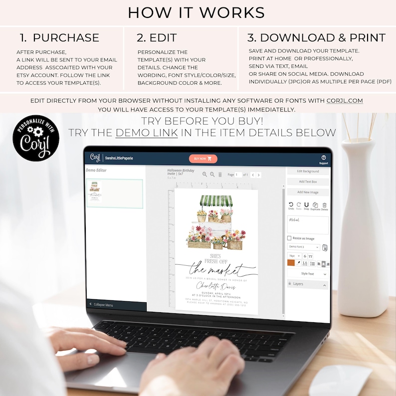 May include: A laptop computer displaying a digital template for a birthday invitation. The invitation features a watercolor illustration of a flower market stand with the text "She's Fresh Off The Market".
