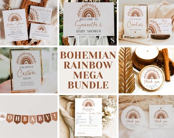 May include: A set of printable baby shower signs with a bohemian rainbow theme. The signs feature a rainbow with terracotta, peach, and cream colors, with greenery around the rainbow. The signs include "Welcome to Samantha's Baby Shower", "Guess How Many Candies", "Unlimited Custom Signs", "Predicting for Baby", "Thank You", and "Oh Baby!" banners.