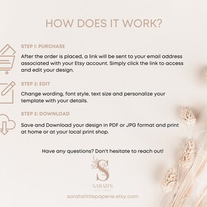 Op de afbeelding: Hoe u een afdrukbaar sjabloon gebruikt: kopen, bewerken en downloaden. Een winkelwagen, een potlood en een wolk met een downloadpijl illustreren de stappen. De tekst "HOW DOES IT WORK?" staat bovenaan de afbeelding.