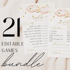 Twinkle Twinkle Little Star babyshower spelletjes bundel printables, aquarel gouden maan en sterren met roze wolken