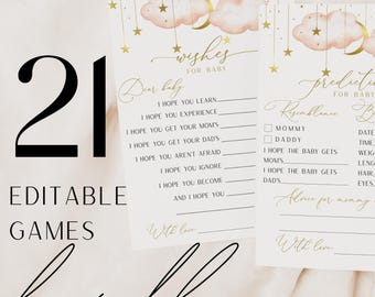 Twinkle Twinkle Little Star Baby Shower Games Bundle Printables, Watercolor Gold Moon and Stars with Pink Clouds