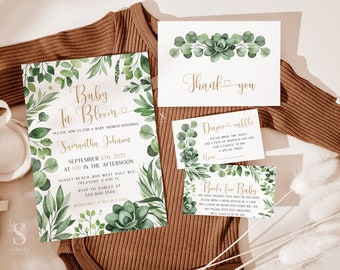 Boho Baby Shower Invitation Set, Editable Succulent Baby Shower Invite Set, Greenery Invitation Set, Printable Invite, Oh Boy Baby Shower