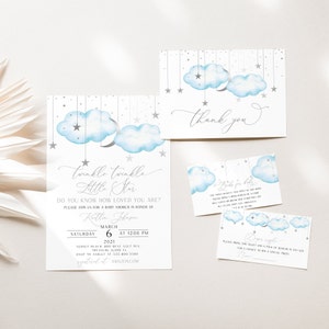 Silver Stars Invitation Set, Twinkle Twinkle Little Star Baby Shower Set, Moon and Baby Blue Clouds, Instant Download, BTTLS