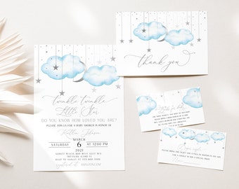 May include: A baby shower invitation with a blue and silver color scheme. The invitation features a watercolor illustration of clouds and stars with the text "Twinkle Twinkle Little Star" and "Do you know how loved you are?" The invitation also includes the date, time, and location of the shower.