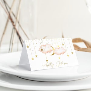Cartões de lugar, Twinkle Twinkle Little Star Baby Shower Cartões de lugar, barracas de comida, editáveis, download instantâneo, blush e dourado, PTTLS