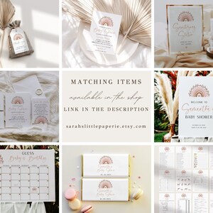 May include: A set of printable baby shower decorations with a boho rainbow theme. The set includes invitations, a welcome sign, a sanitizing station sign, a guess the baby's birthday calendar, and chocolate bar wrappers. The decorations feature a pink and brown color scheme with gold accents.